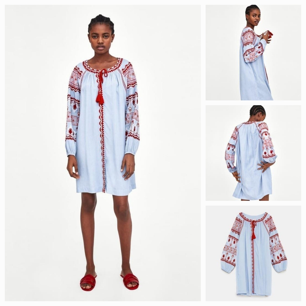 Zara Embroidered Button Front Shirt Dress